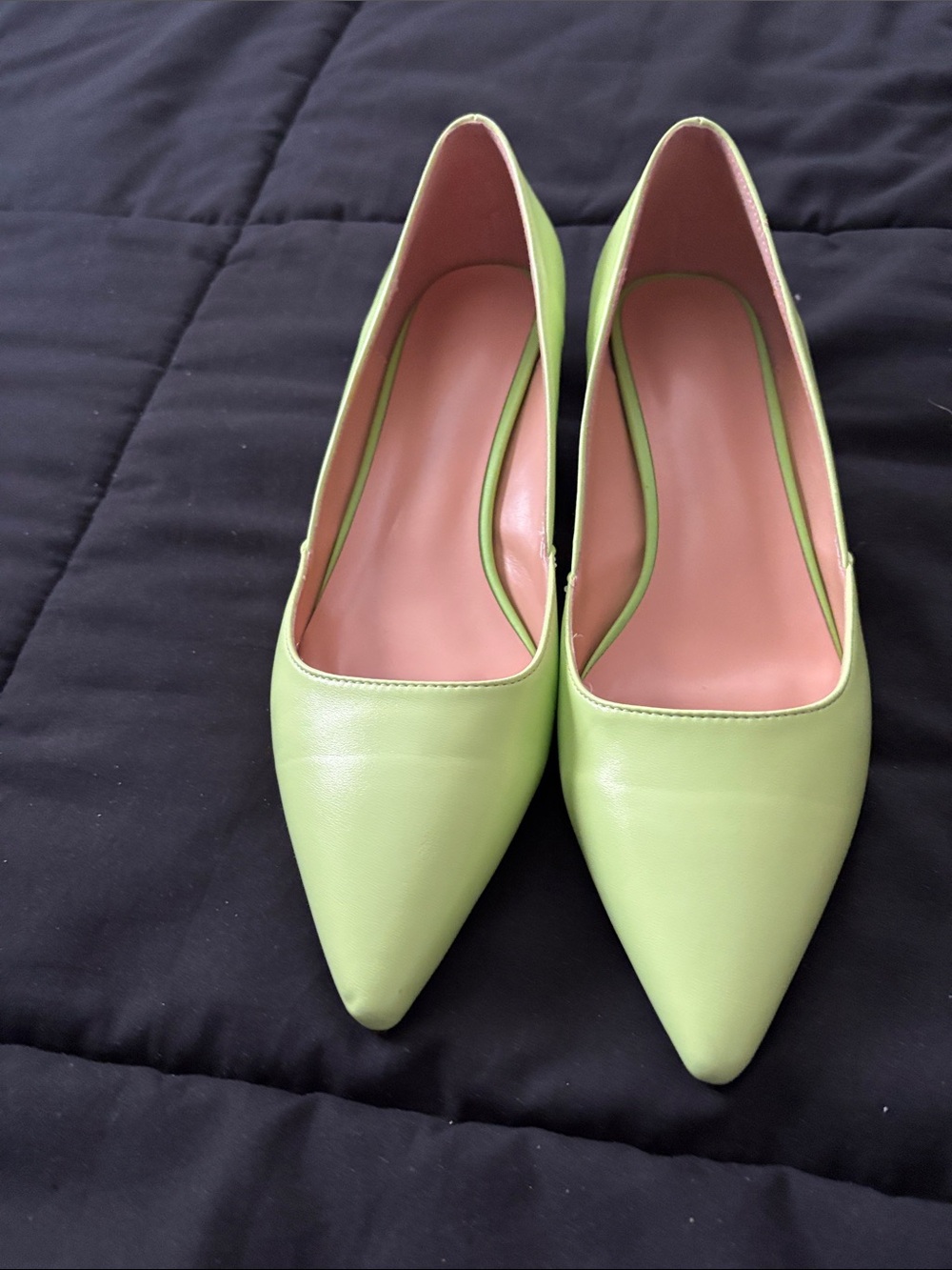JustFab Pointed Toe Pumps in Lime Green with Pink Lining